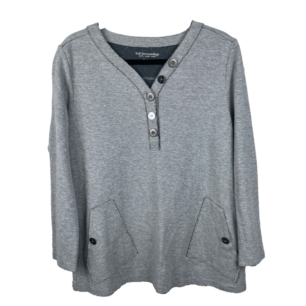 Soft Surroundings Top Womens PXL Gray Pockets Long‎ Sleeve Button V-Neck Neutral